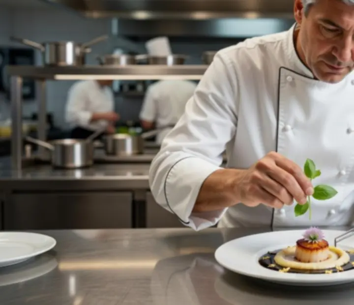 Séfünk egy fine dining fogás tálalását végzi az interjú közben