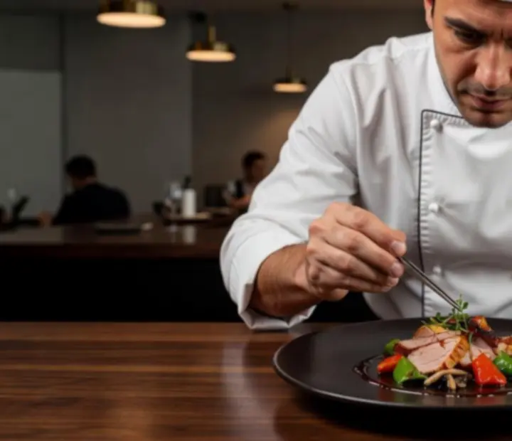 Séfünk egy gondosan megkomponált gourmet fogást mutat be elegáns tálalással.