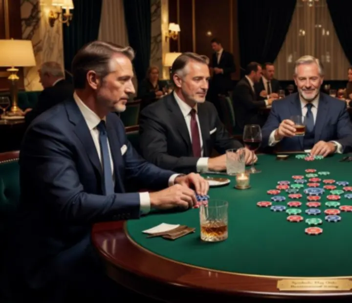 Elegáns, gyertyafényes pokerasztal vendégekkel és szimbolikus zsetonokkal