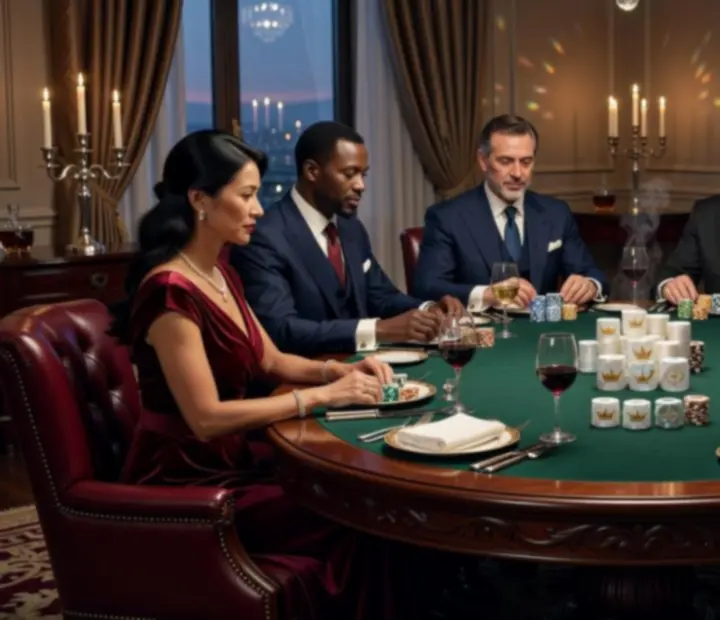 Esti pokerasztal elegáns környezetben, szimbolikus zsetonokkal