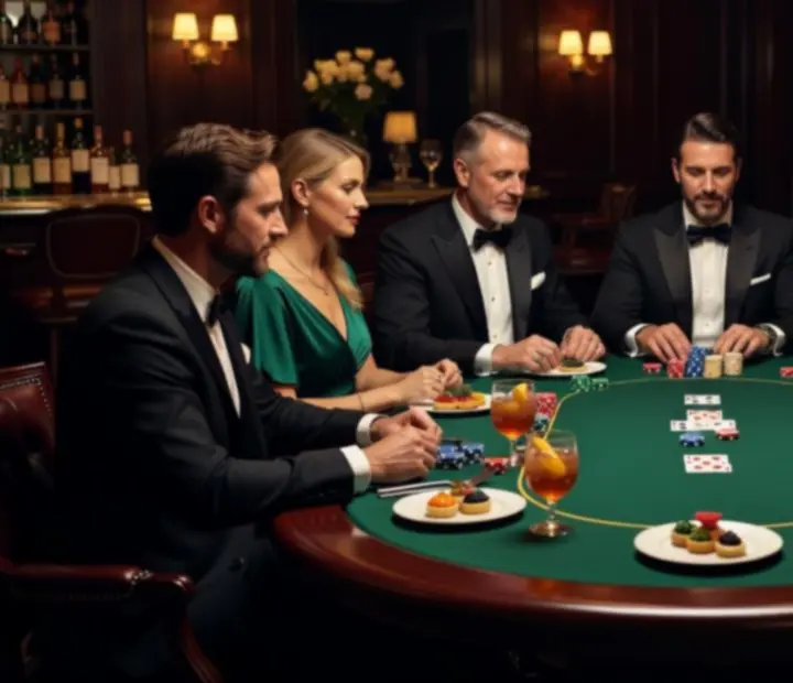 Elegáns poker este stílusos vendégekkel és gyertyafényes asztalokkal