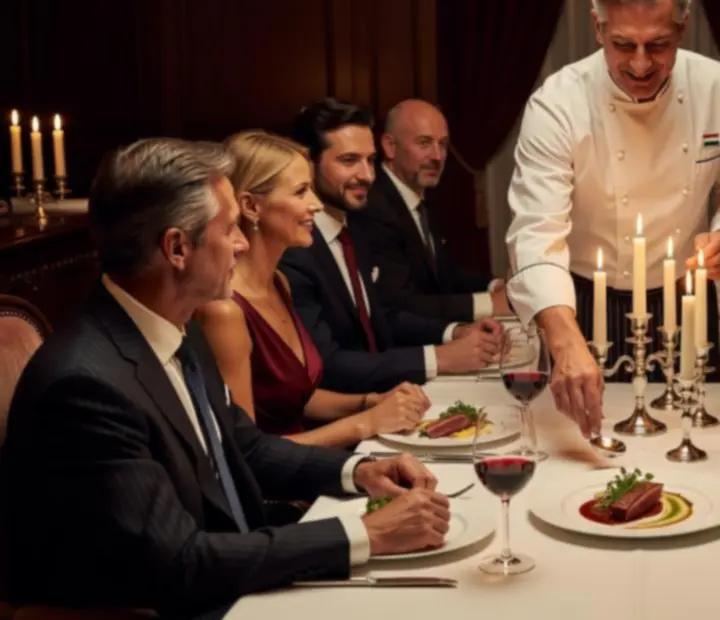 Séf elegáns tálalással prezentál egy gourmet fogást egy rendezvényen