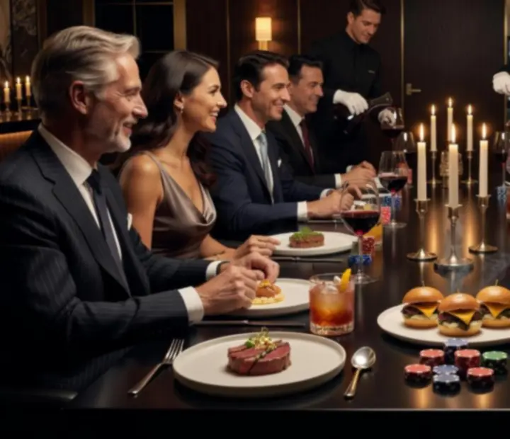Gourmet fogások és prémium italok elegáns poker asztal mellett