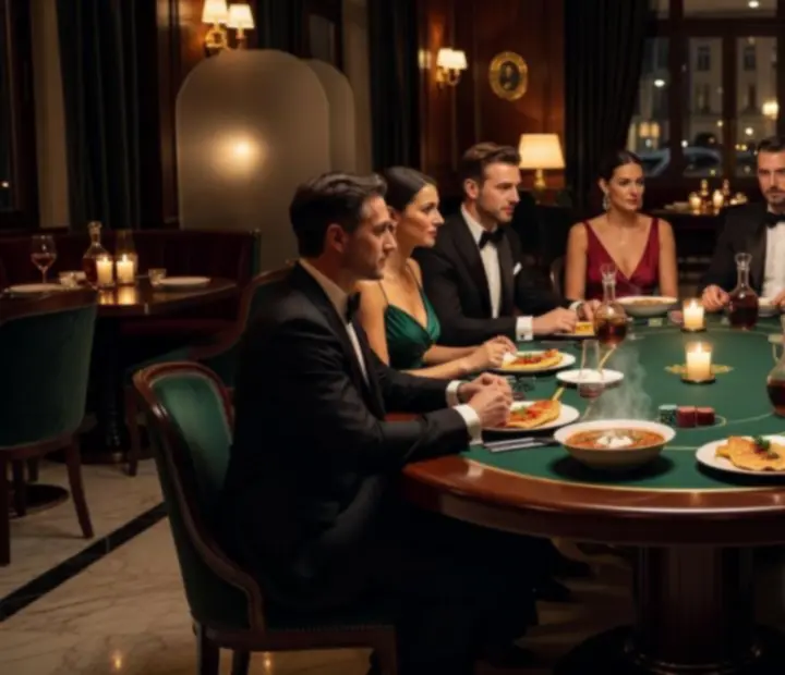 Cinematikus esti hangulat az Elegáns Poker Étteremben, gyertyafényes pókerasztalnál vacsorázó vendégekkel