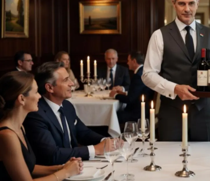 Sommelier exkluzív borválogatást mutat be elegáns éttermi környezetben